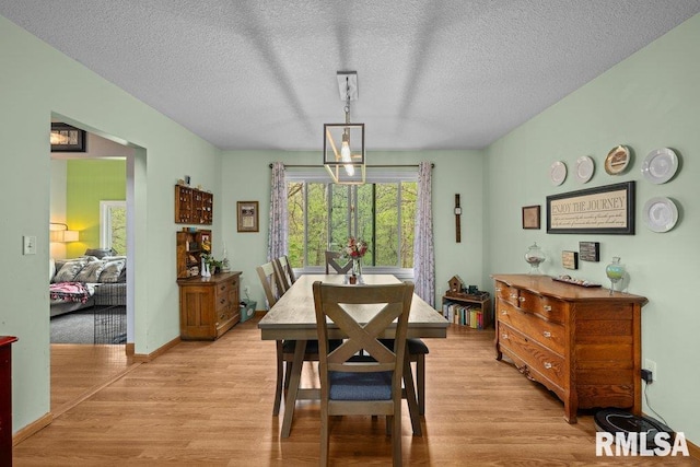 dining room with light wood-style floors and a textured ceiling