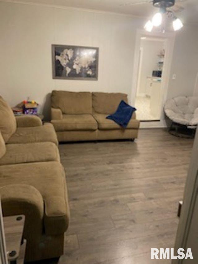501 E Broad St, Jonesboro, IL 62952 - living room featuring crown molding, ceiling fan, and wood finished floors