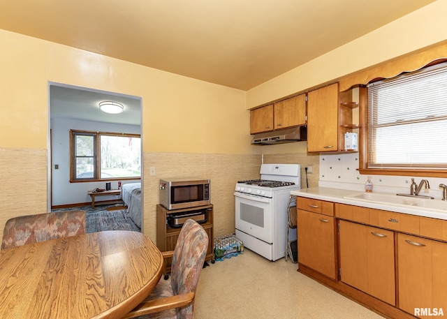 kitchen with a sink, light countertops, gas range gas stove, stainless steel microwave, and under cabinet range hood