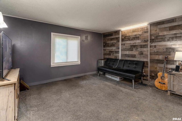 510 W Idaho Ave, Carterville, IL 62918 - sitting room featuring wooden walls, a textured ceiling, carpet, and baseboards