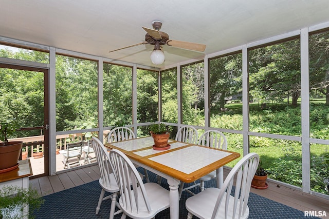 28018 230th St, Le Claire, IA 52753 - sunroom / solarium featuring a ceiling fan, outdoor dining area, and a wealth of natural light