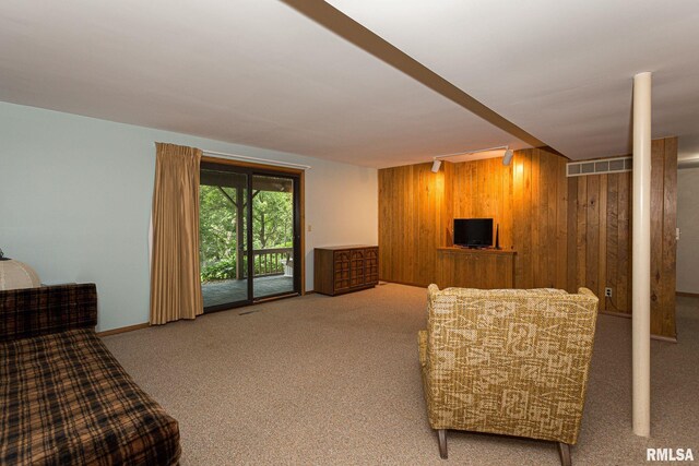 28018 230th St, Le Claire, IA 52753 - interior space featuring wooden walls, baseboards, carpet, and visible vents