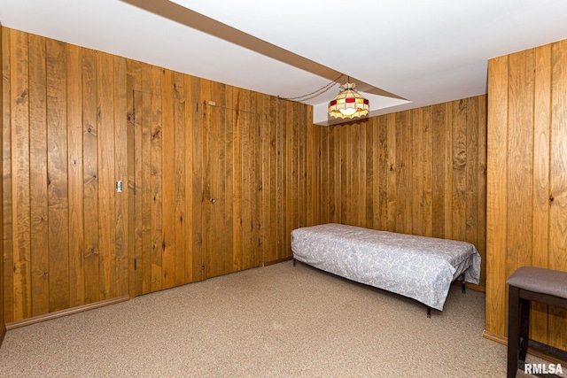 28018 230th St, Le Claire, IA 52753 - bedroom featuring wooden walls and carpet flooring