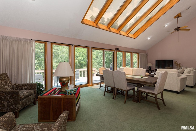 28018 230th St, Le Claire, IA 52753 - dining area with carpet flooring, a healthy amount of sunlight, and vaulted ceiling with skylight