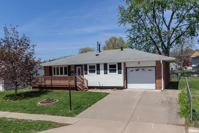 single story home featuring an attached garage, brick siding, a deck, a front yard, and driveway