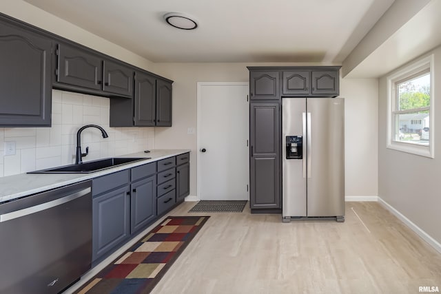 kitchen featuring backsplash, a sink, baseboards, stainless steel appliances, and light wood-style flooring
