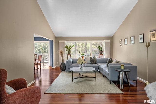 living room with baseboards, wood finished floors, and high vaulted ceiling