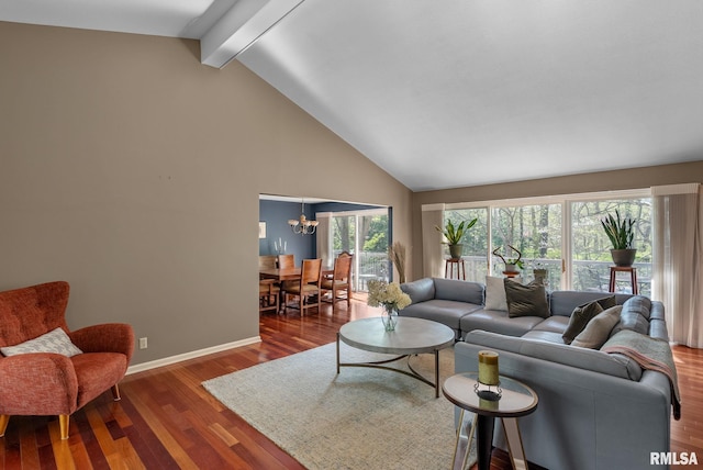 living room with wood finished floors, beamed ceiling, baseboards, high vaulted ceiling, and a chandelier