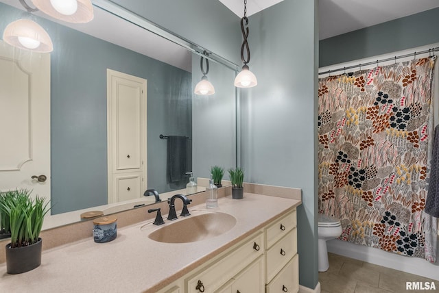 bathroom featuring vanity, tile patterned floors, toilet, and a shower with shower curtain