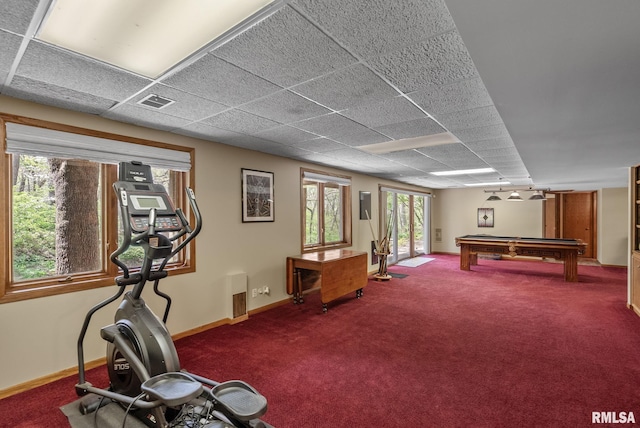 playroom with visible vents, billiards, a paneled ceiling, and carpet flooring