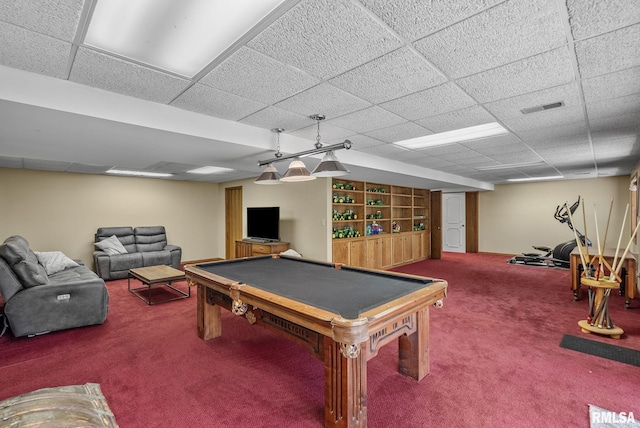 game room with carpet floors, visible vents, billiards, and a paneled ceiling