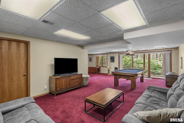 interior space featuring dark colored carpet, billiards, a paneled ceiling, and visible vents