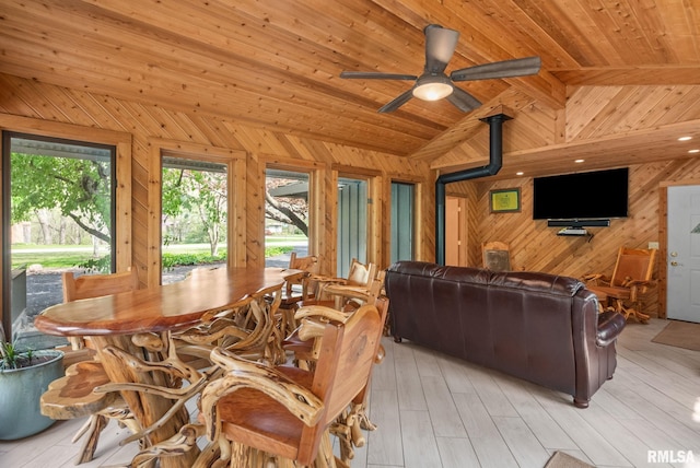 dining space with wooden walls, ceiling fan, lofted ceiling with beams, a wood stove, and wood ceiling