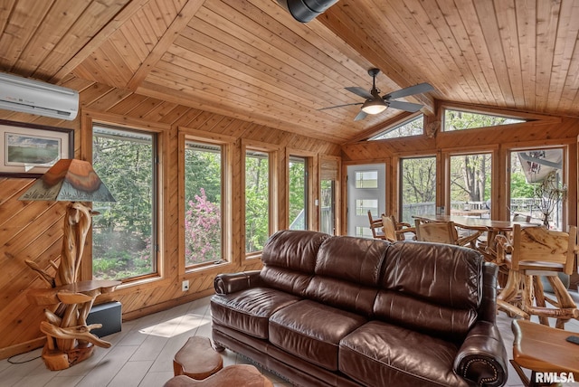 living area featuring wooden walls, wood ceiling, ceiling fan, and a wall mounted air conditioner