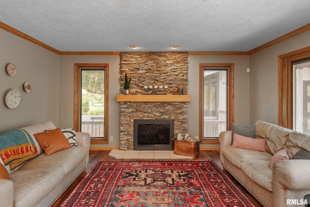 living area featuring ornamental molding, a fireplace, and wood finished floors