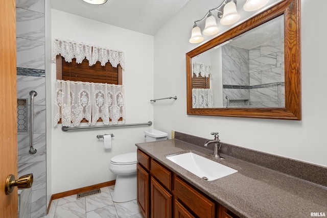 bathroom featuring visible vents, vanity, baseboards, toilet, and marble finish floor