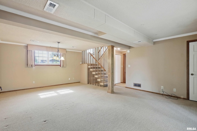 interior space with stairway, light colored carpet, and visible vents