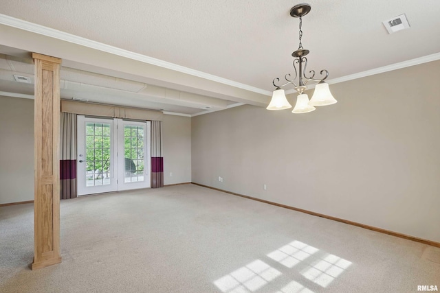 empty room with crown molding, baseboards, light carpet, and visible vents