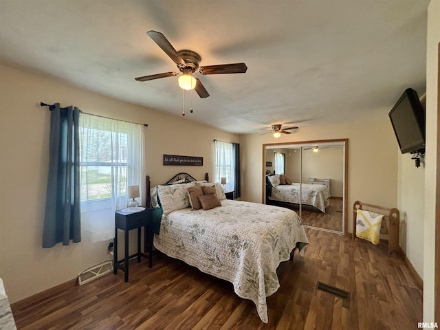bedroom featuring a closet, dark wood finished floors, and multiple windows