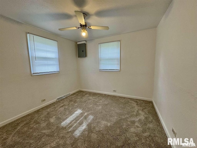 carpeted empty room featuring electric panel, plenty of natural light, a ceiling fan, and baseboards