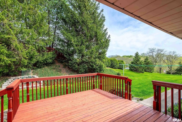 wooden terrace featuring a fenced backyard and a yard