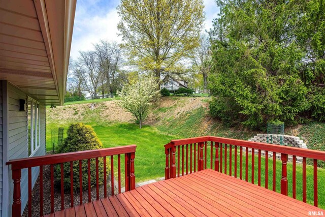 wooden terrace with a lawn
