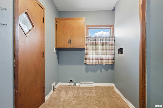 laundry room with visible vents, carpet floors, baseboards, cabinet space, and washer hookup