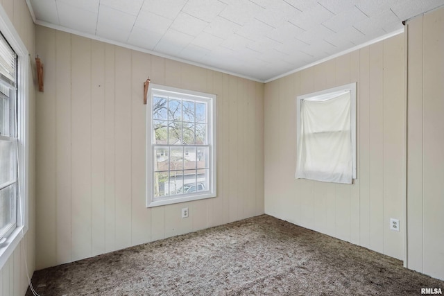spare room with crown molding, carpet flooring, and wooden walls