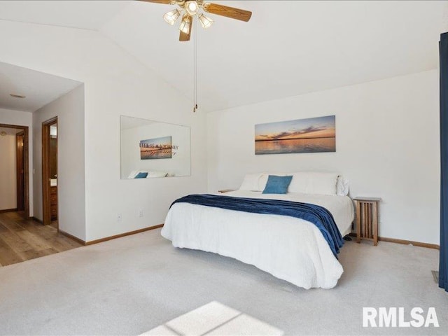 bedroom with baseboards, carpet flooring, lofted ceiling, and radiator heating unit