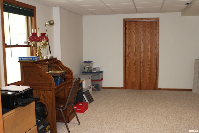 carpeted office space with baseboards and a paneled ceiling