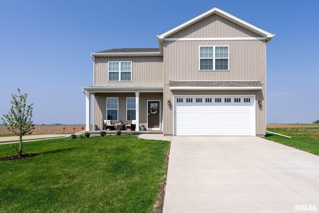 1824 S 5th St, Eldridge, IA 52748 - view of front of property with a garage, a shingled roof, a porch, and a front lawn