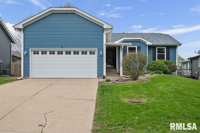 view of front facade with concrete driveway, a garage, central AC unit, and a front lawn