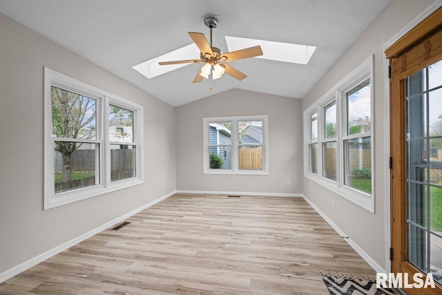 unfurnished sunroom featuring visible vents and a skylight
