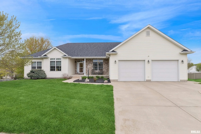 ranch-style house with an attached garage, roof with shingles, driveway, and a front yard