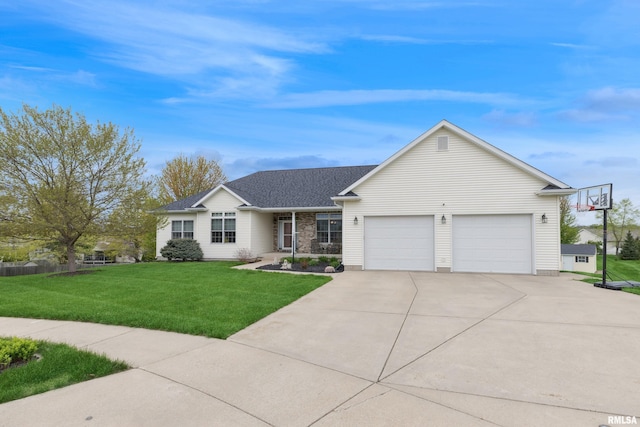 single story home featuring a garage, a front lawn, driveway, and a shingled roof