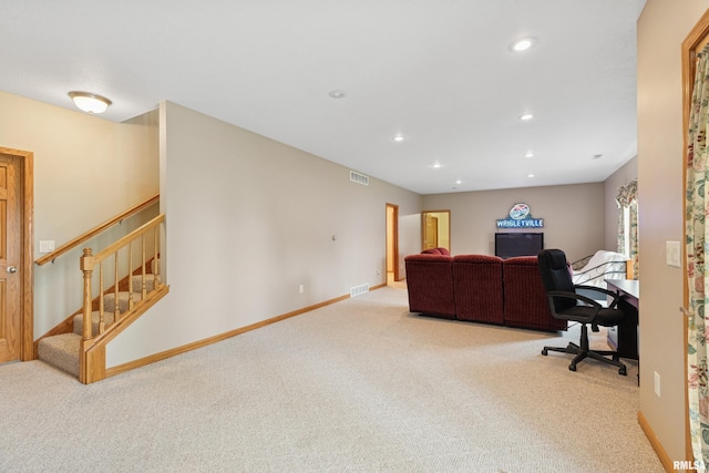 carpeted office featuring recessed lighting, baseboards, and visible vents
