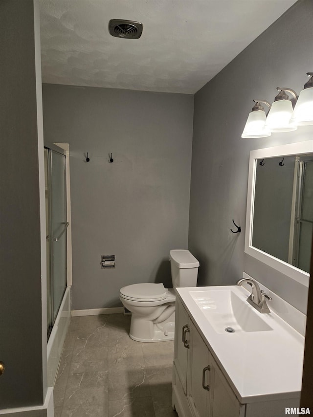 full bath with visible vents, vanity, marble finish floor, toilet, and baseboards