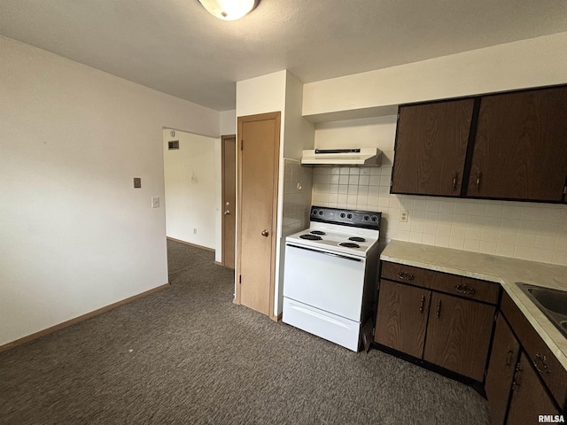 kitchen with dark brown cabinets, carpet floors, light countertops, under cabinet range hood, and white electric range