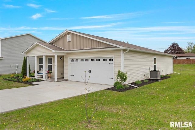 view of front of home with a front yard, concrete driveway, an attached garage, central air condition unit, and a porch