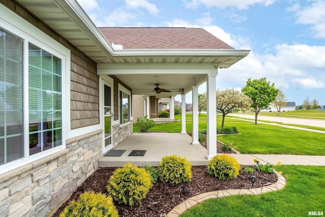 view of patio featuring a ceiling fan and covered porch