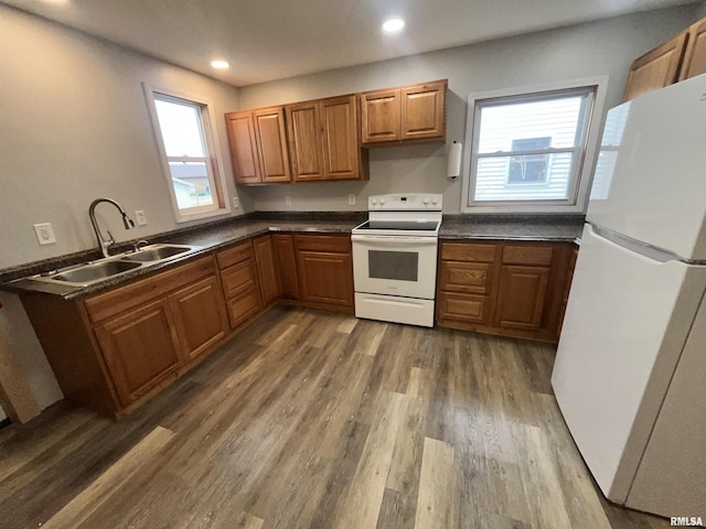 kitchen featuring brown cabinetry, dark countertops, wood finished floors, a sink, and white appliances