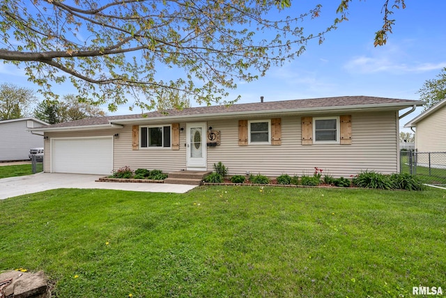 ranch-style home featuring an attached garage, a front lawn, fence, and concrete driveway