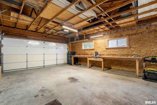 garage featuring a workshop area and a garage door opener