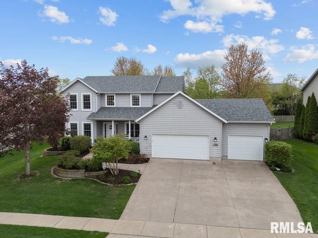 traditional home with an attached garage, a shingled roof, a front lawn, and concrete driveway