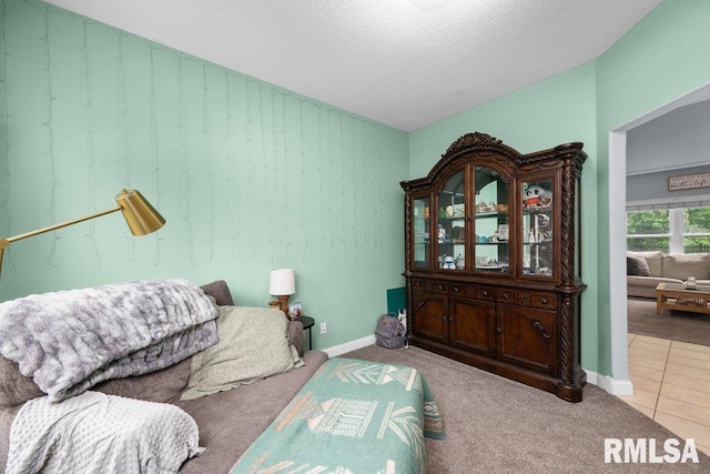living area featuring carpet floors, a textured ceiling, and baseboards