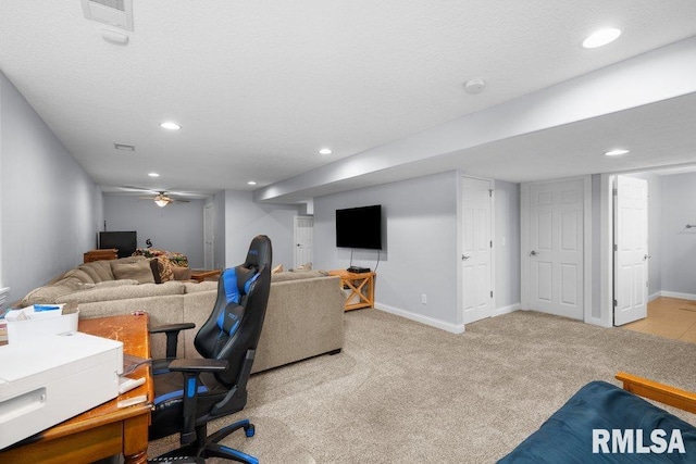 office space with baseboards, light carpet, recessed lighting, and visible vents