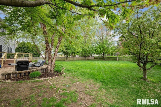 view of yard featuring a fenced backyard and a wooden deck