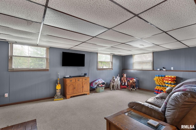 living room featuring carpet floors and a drop ceiling