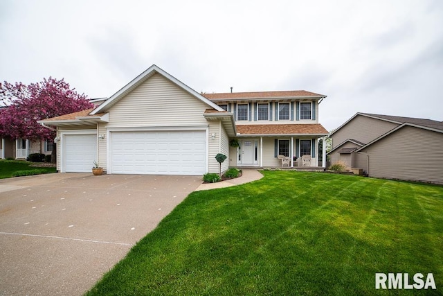 traditional-style house featuring a garage, concrete driveway, a porch, and a front lawn