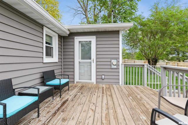 wooden deck with a fenced backyard